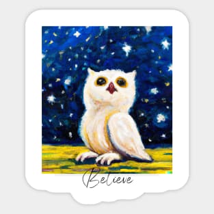 Starry Night Owl: Digital Art of a White Baby Owl and a Starry Sky Sticker